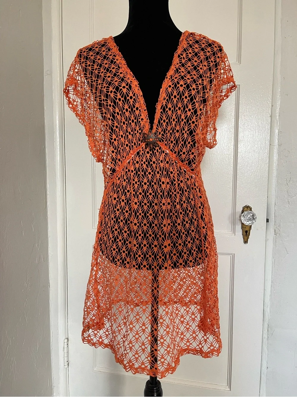 Orange mesh bathing suit cover up dress